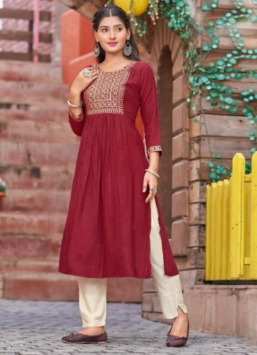 Picture of Casual Wear  Embroidery Work Rayon Slub Kurti